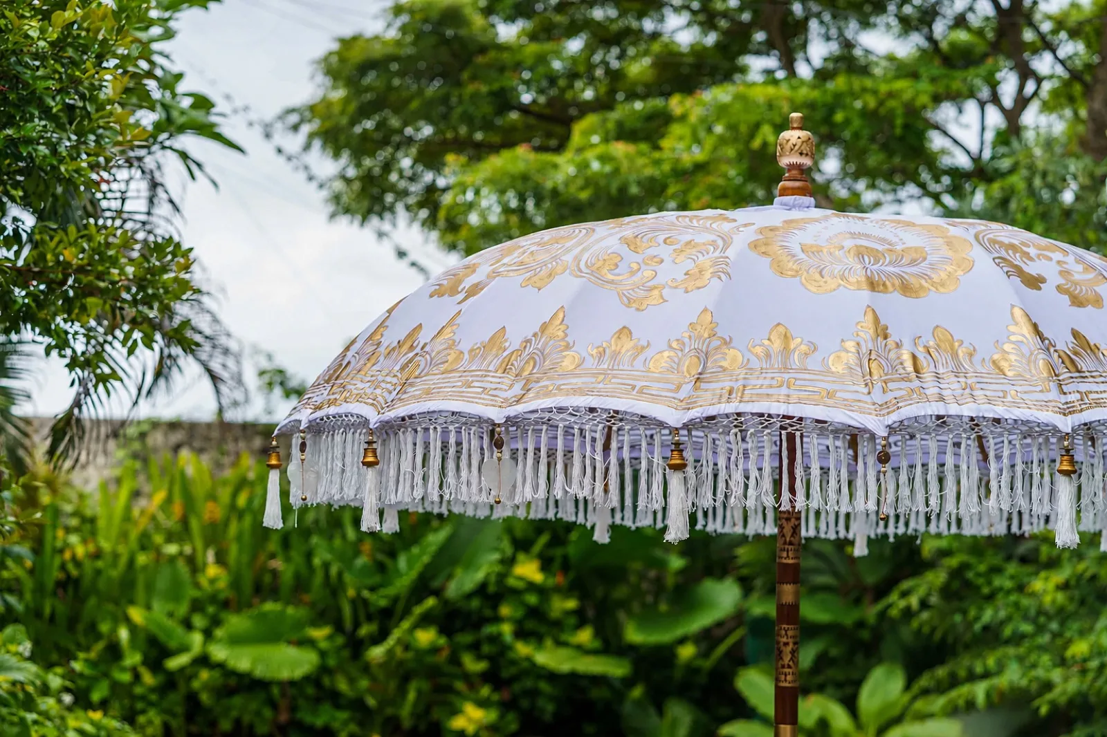 Wedding White Bali umbrella · White · hand-blocked gold motif