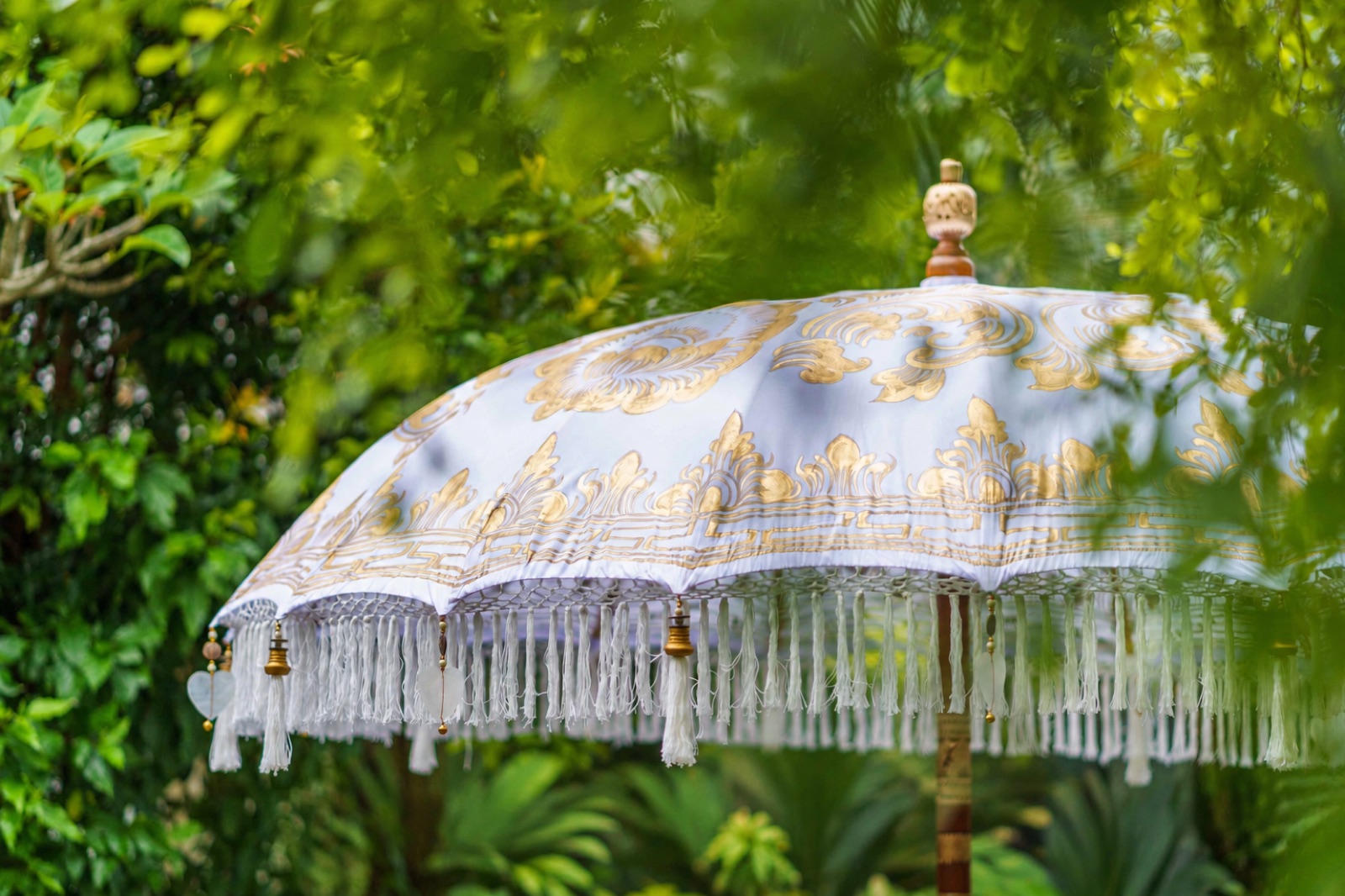 Wedding White Bali umbrella · White · hand-blocked gold motif