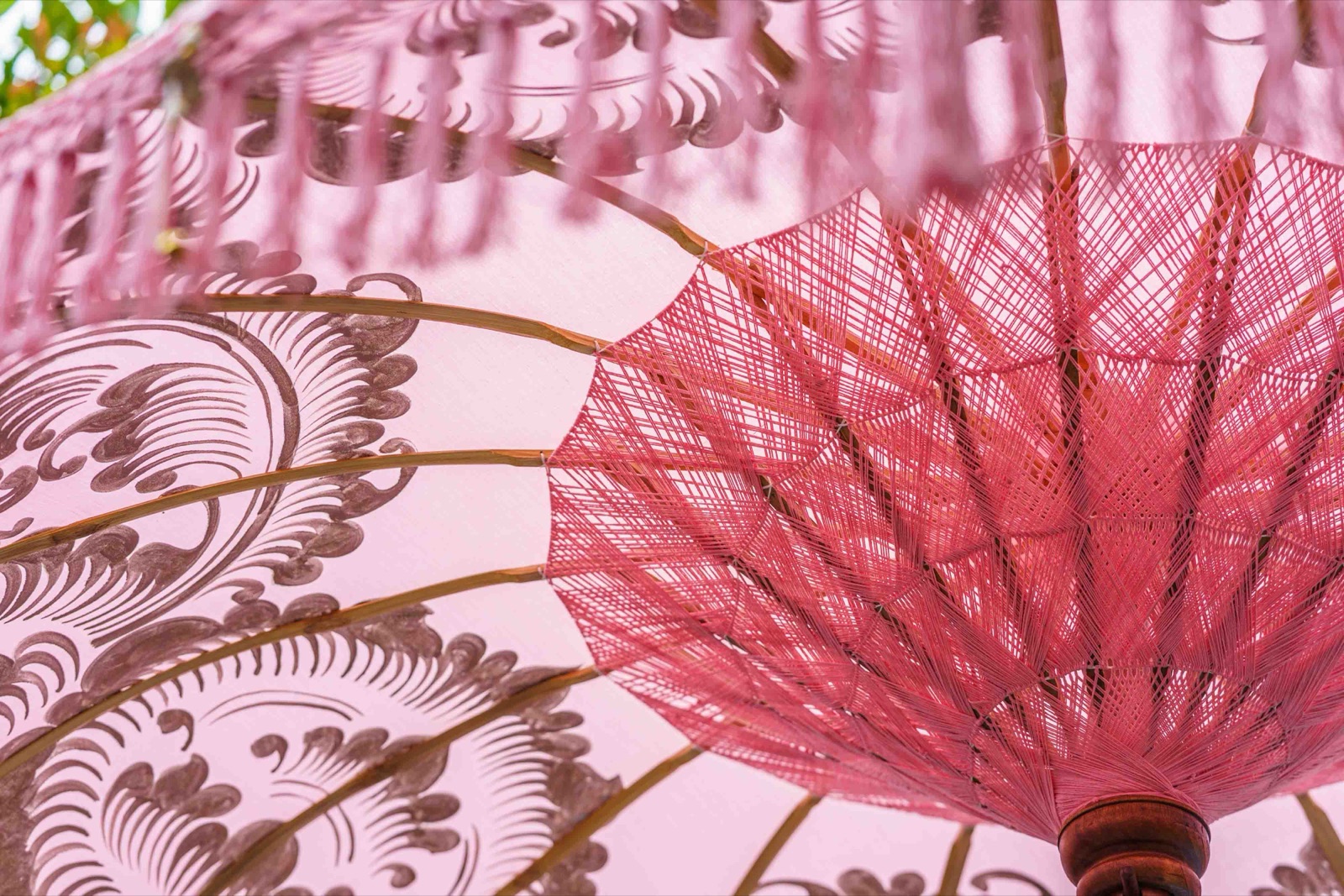 Imperial Blush Bali umbrella · Soft rose-pink · fine scrollwork